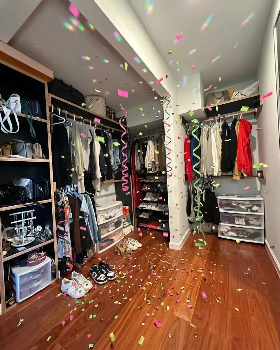 The same walk-in closet after the cleanout: bare floor, everything hung and folded away, with pink, lime and yellow confetti falling